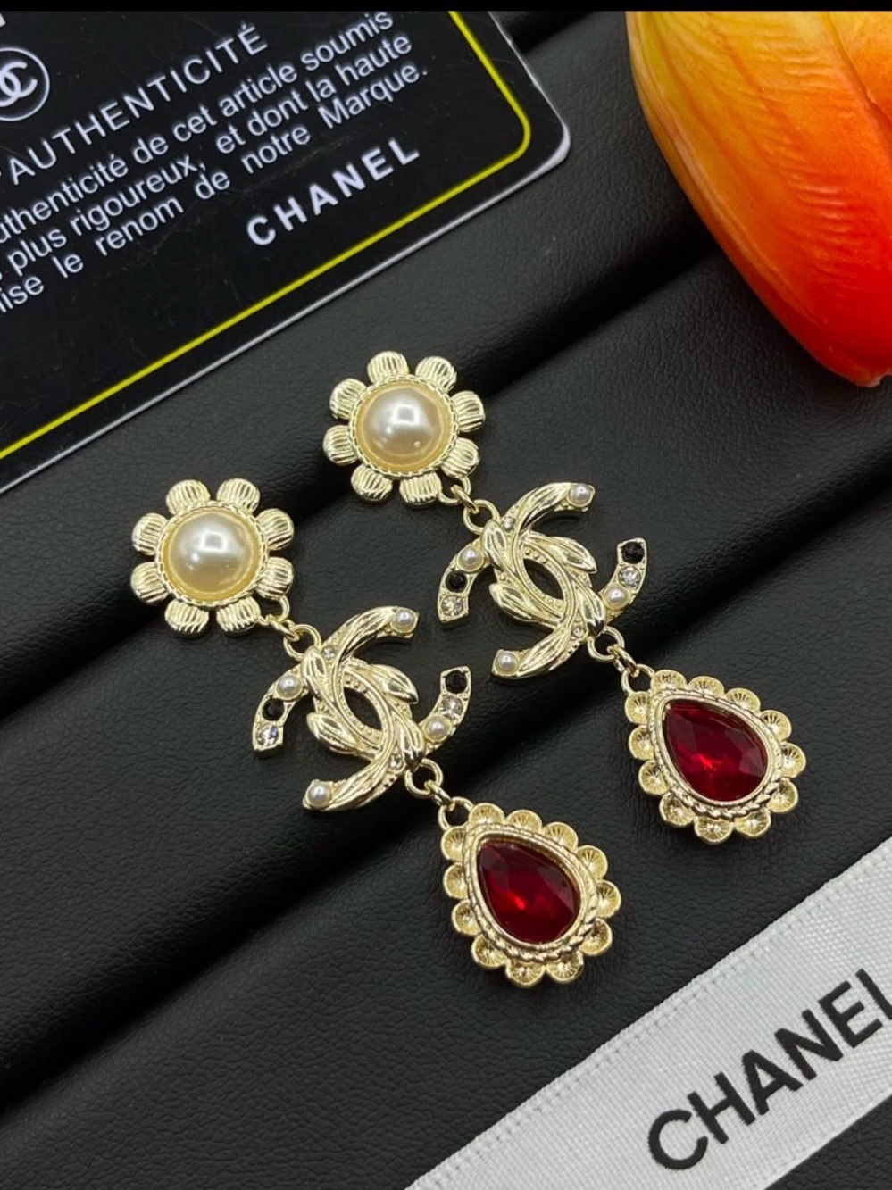 Gold Tone Pearl & Red Teardrop Drop CCC Motif Earrings